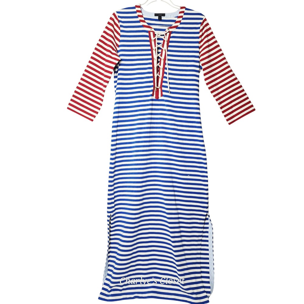 J.Crew Sammie Striped Lace Up Maxi Dress M Nautical Beachy Americana Casual - Picture 2 of 10